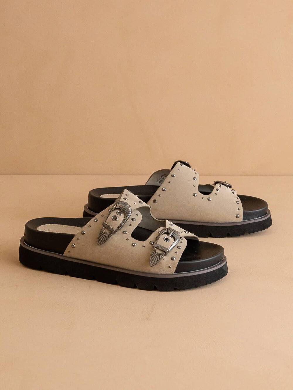 NEW OASIS SOCIETY women's western buckle slides in taupe